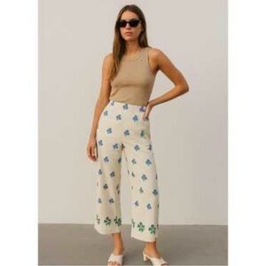 Zara Cotton Cream Floral Wide-Leg Pants
